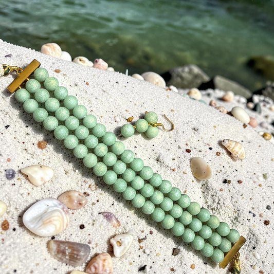 Green Beaded Choker Set: Multi Strand Bracelet, Drop Earrings, Minimalist Everyday Jewelry