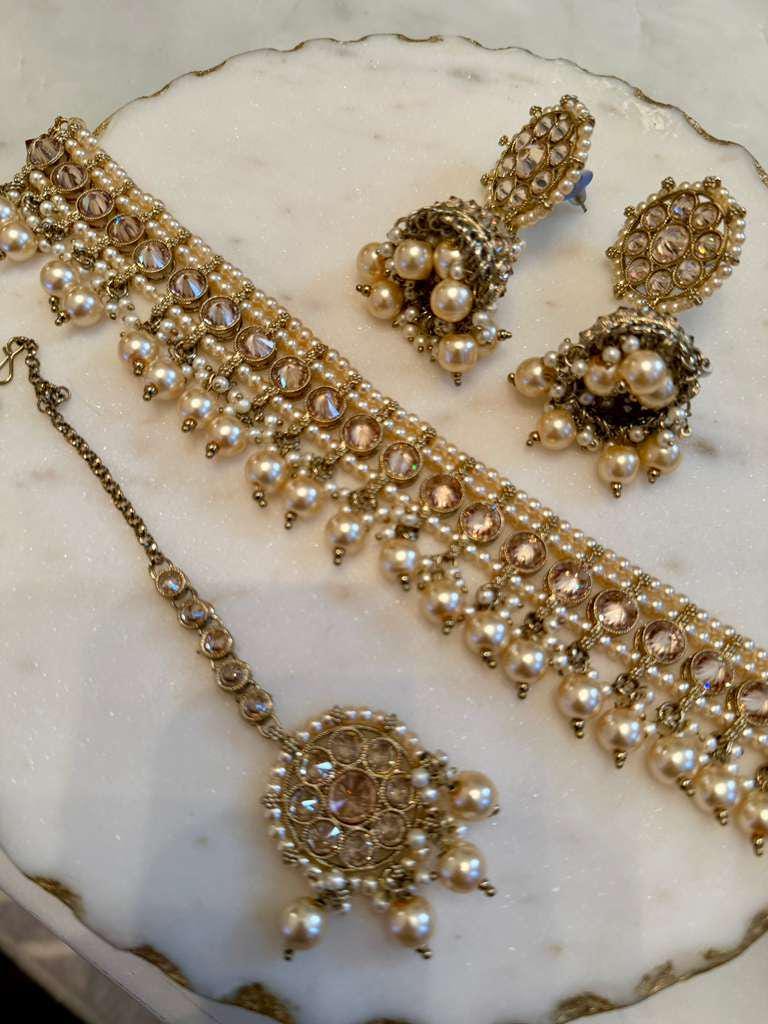 Gold Tone Pearl Choker Set Bridal Jewelry Kundan Necklace Set