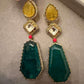 Emerald Green Statement Drop Earrings Gold Tone Artisan Jewelry