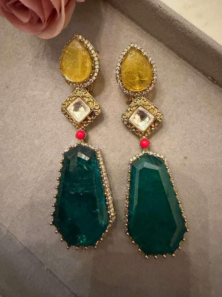Emerald Green Statement Drop Earrings Gold Tone Artisan Jewelry