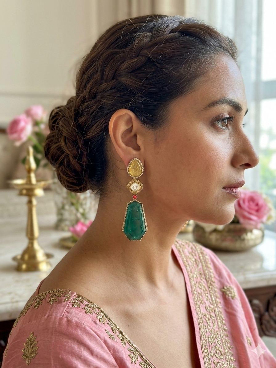 Emerald Green Statement Drop Earrings Gold Tone Artisan Jewelry