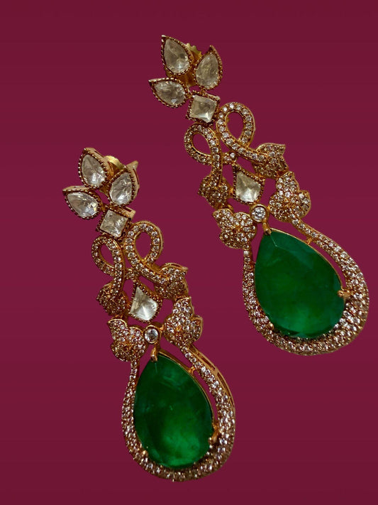 Gold Tone Emerald Green Drop Earrings Vintage Crystal Statement