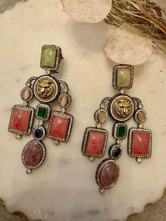 Gold Tone Lion Motif Multicolor Gemstone Statement Earrings Sabya sachi inspired