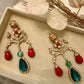 Gold Tone Tiger Motif Red & Green Gemstone Drop Earrings