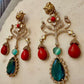 Gold Tone Tiger Motif Red & Green Gemstone Drop Earrings