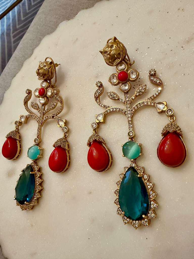 Gold Tone Tiger Motif Red & Green Gemstone Drop Earrings