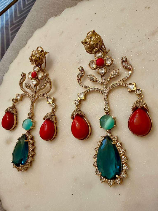 Gold Tone Tiger Motif Red & Green Gemstone Drop Earrings