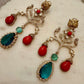 Gold Tone Tiger Motif Red & Green Gemstone Drop Earrings