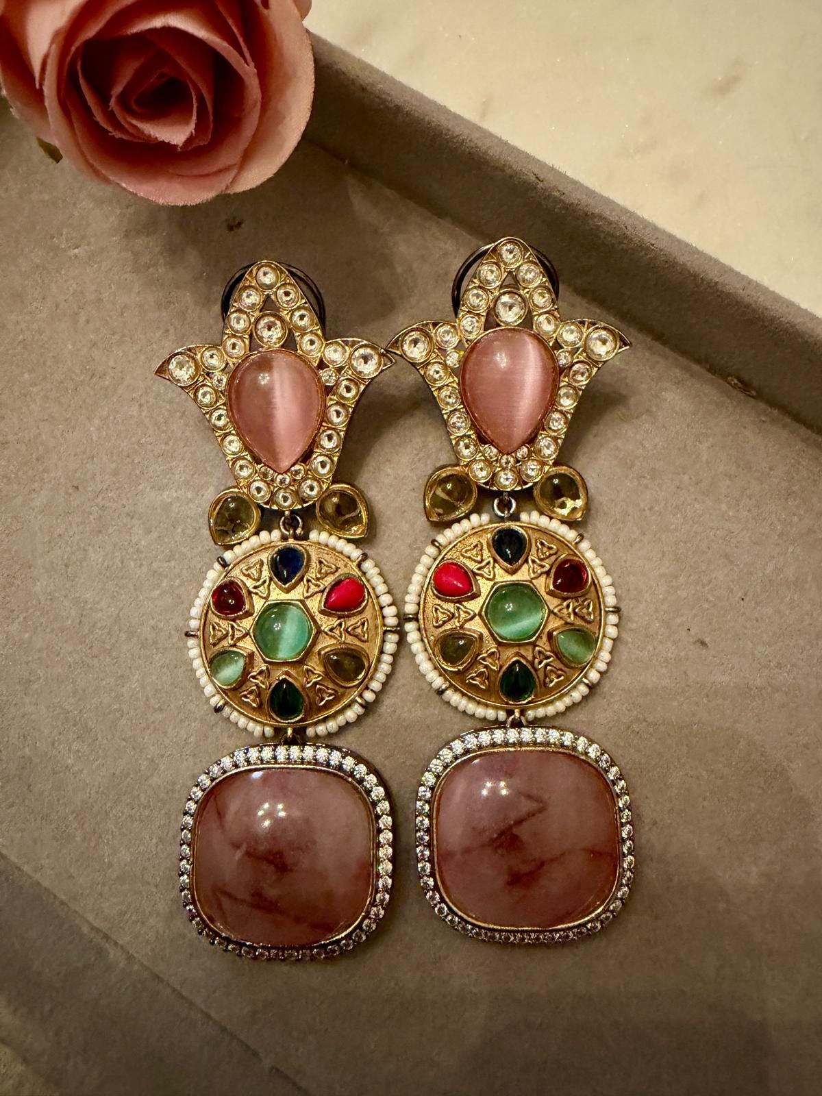 Gold Tone Multicolor Gemstone Statement Earrings Pink