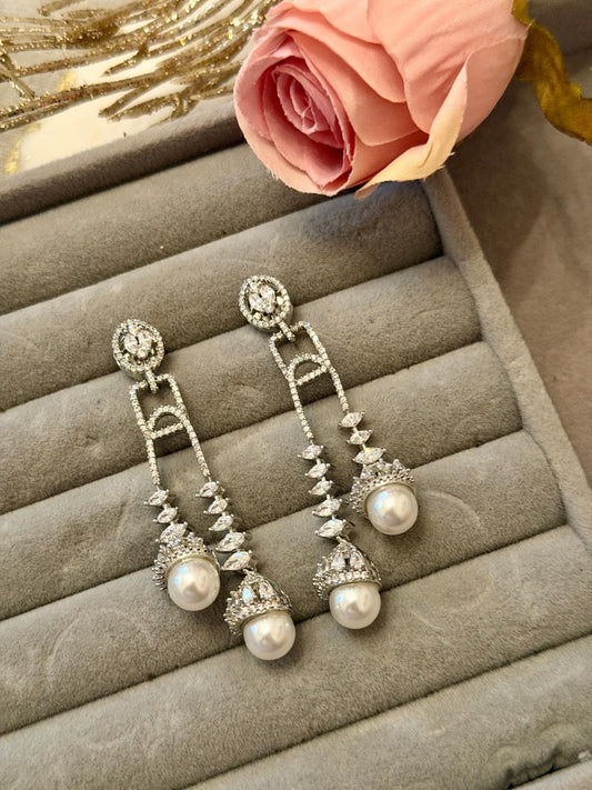 Silver as  stone Cz  Pearl Drop Earrings Elegant Bridal Dangle Earrings