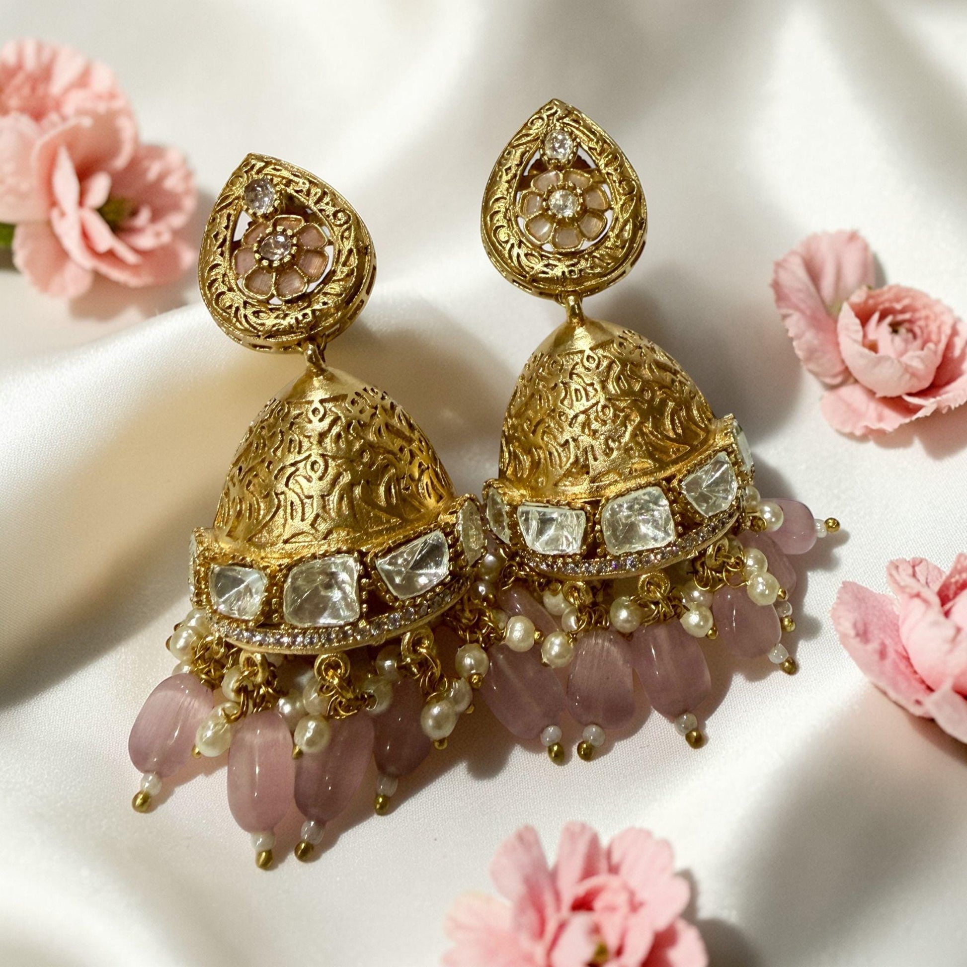 Statement Jhumka Earrings Traditional Gold Dangle Earrings Bridal Party Jewelry
