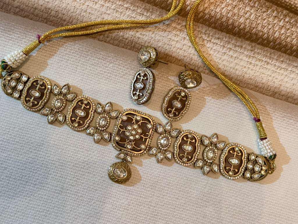 Vintage Style Gold Bridal Choker Necklace Earrings Ring Set, Wedding Jewelry