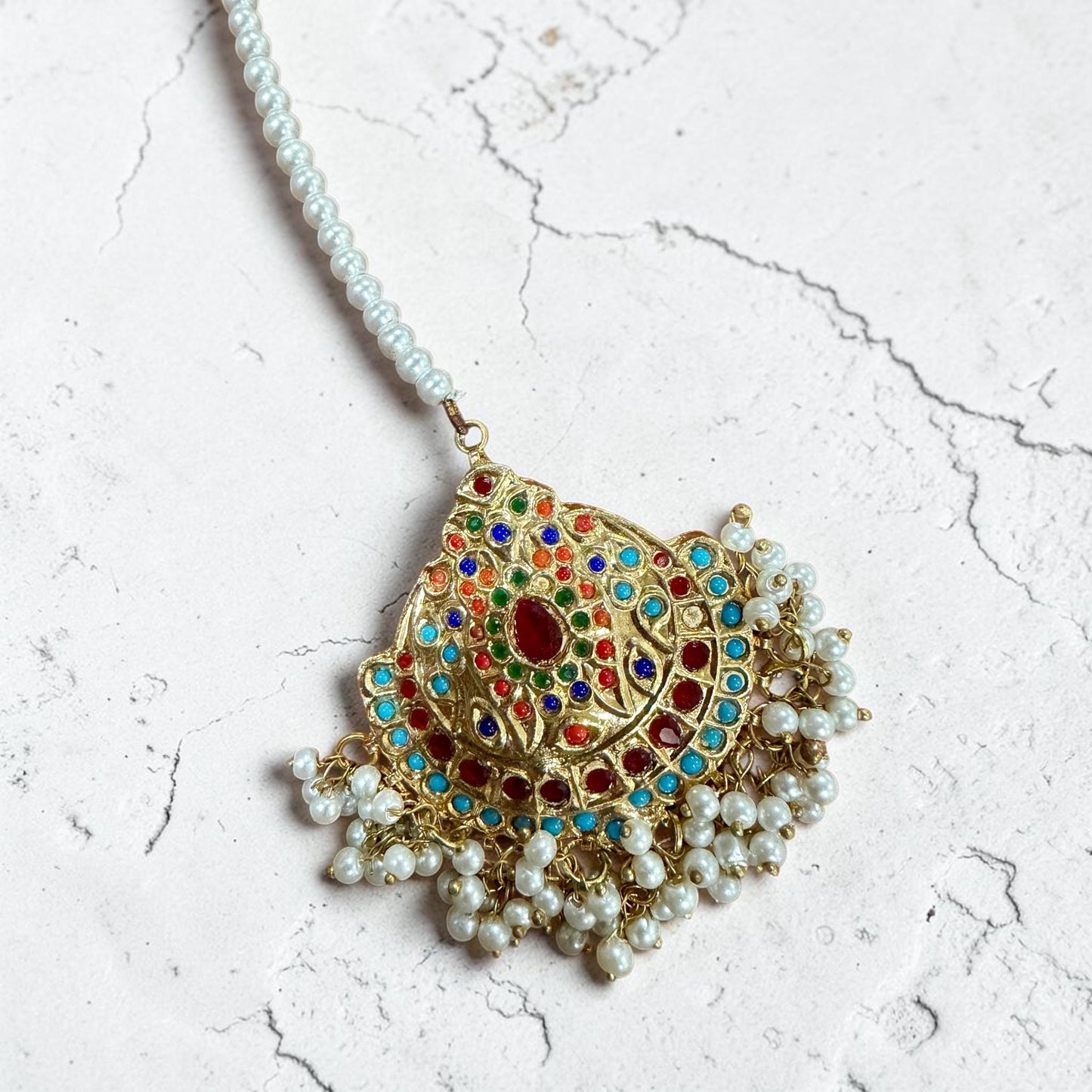 Bollywood Jadao Set: Gold Plated Necklace, Earrings, Tikka with Semi-Precious Stones