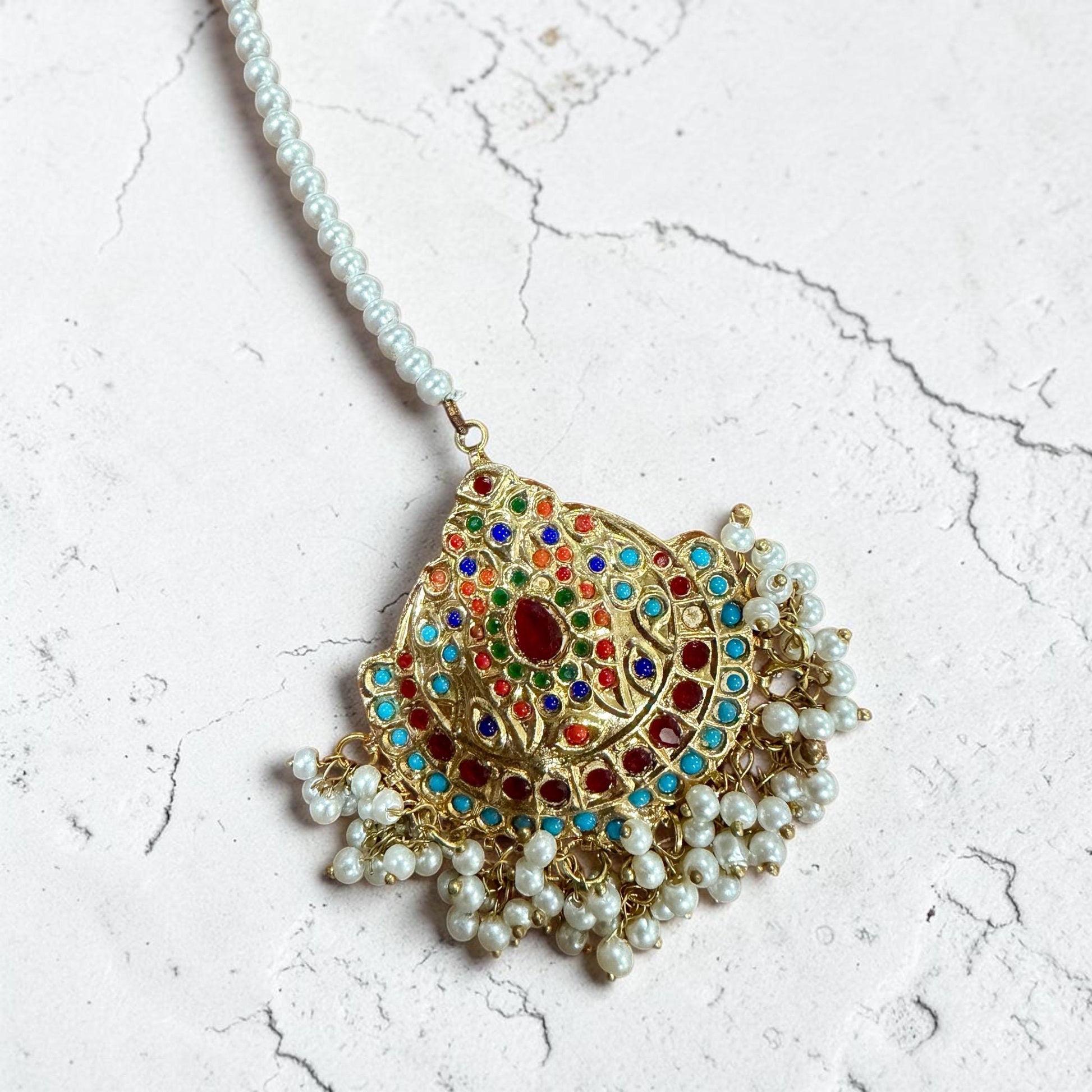 Bollywood Jadao Set: Gold Plated Necklace, Earrings, Tikka with Semi-Precious Stones