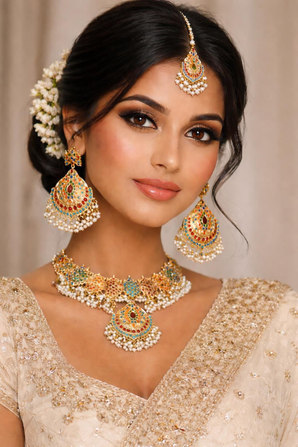 Bollywood Jadao Set: Gold Plated Necklace, Earrings, Tikka with Semi-Precious Stones