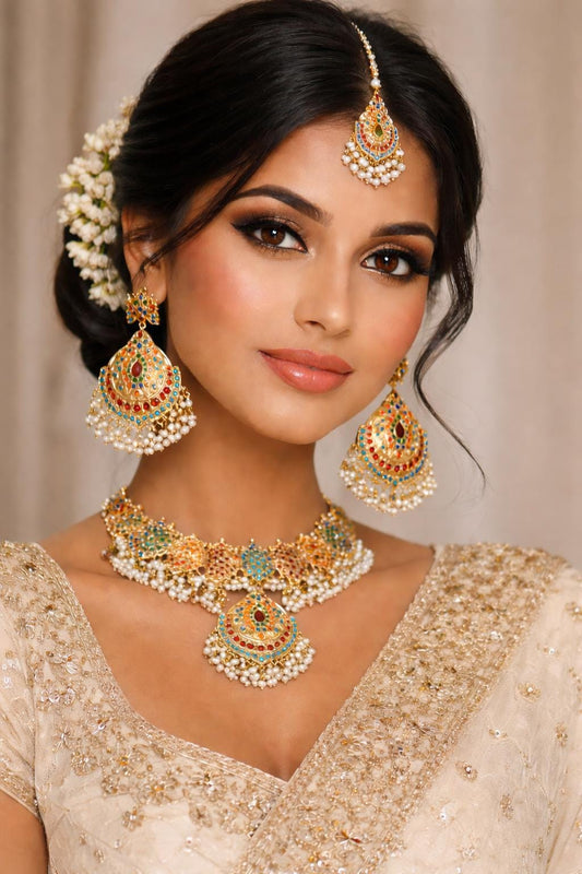 Bollywood Jadao Set: Gold Plated Necklace, Earrings, Tikka with Semi-Precious Stones