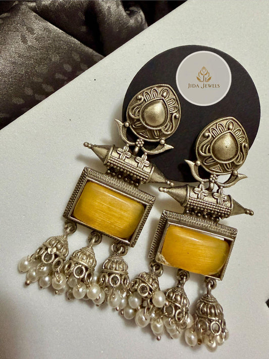 Mustard Stone Tribal Jhumka Earrings: Oxidized Silver Boho Statement Jewelry