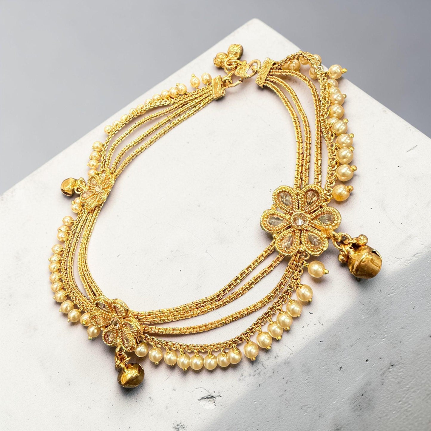 Gold Pearl Anklet Bracelet Set: Traditional Bridal Foot Jewelry Ethnic Design