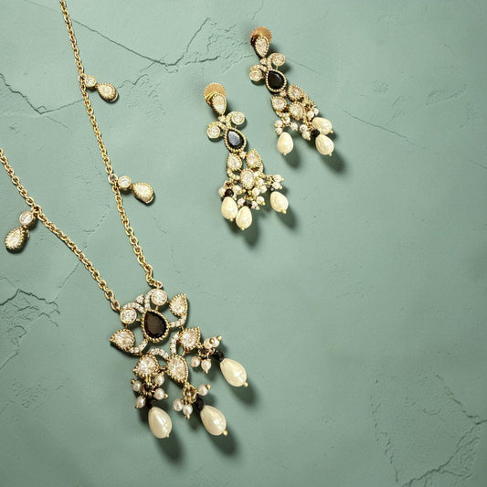 Gold Bridal Necklace Set Pearl Drop Statement Jewelry Black Stone