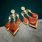 Red Glass Stone Dangle Earrings, Gold Tone Geometric Drop Statement Jewelry