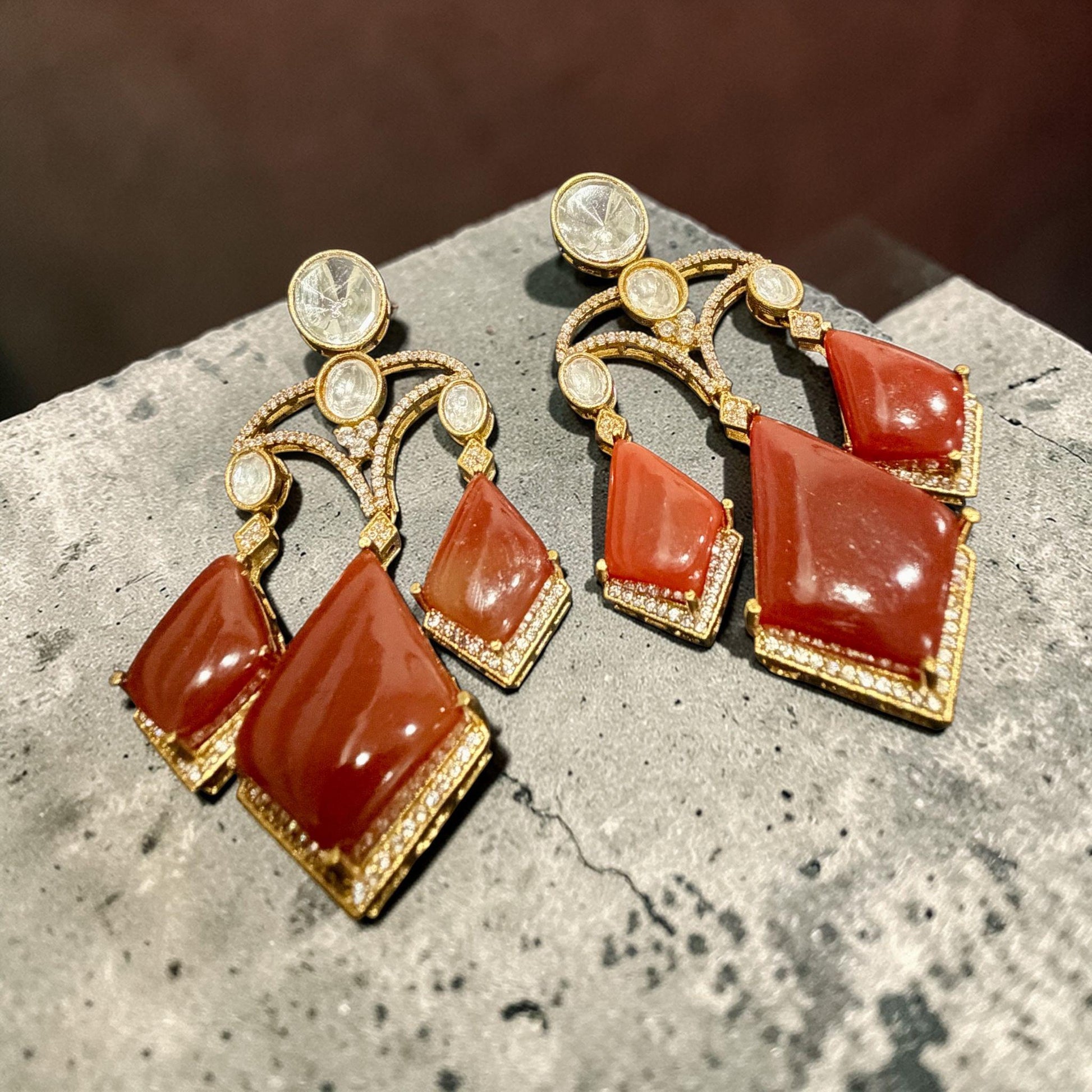Red Glass Stone Dangle Earrings, Gold Tone Geometric Drop Statement Jewelry