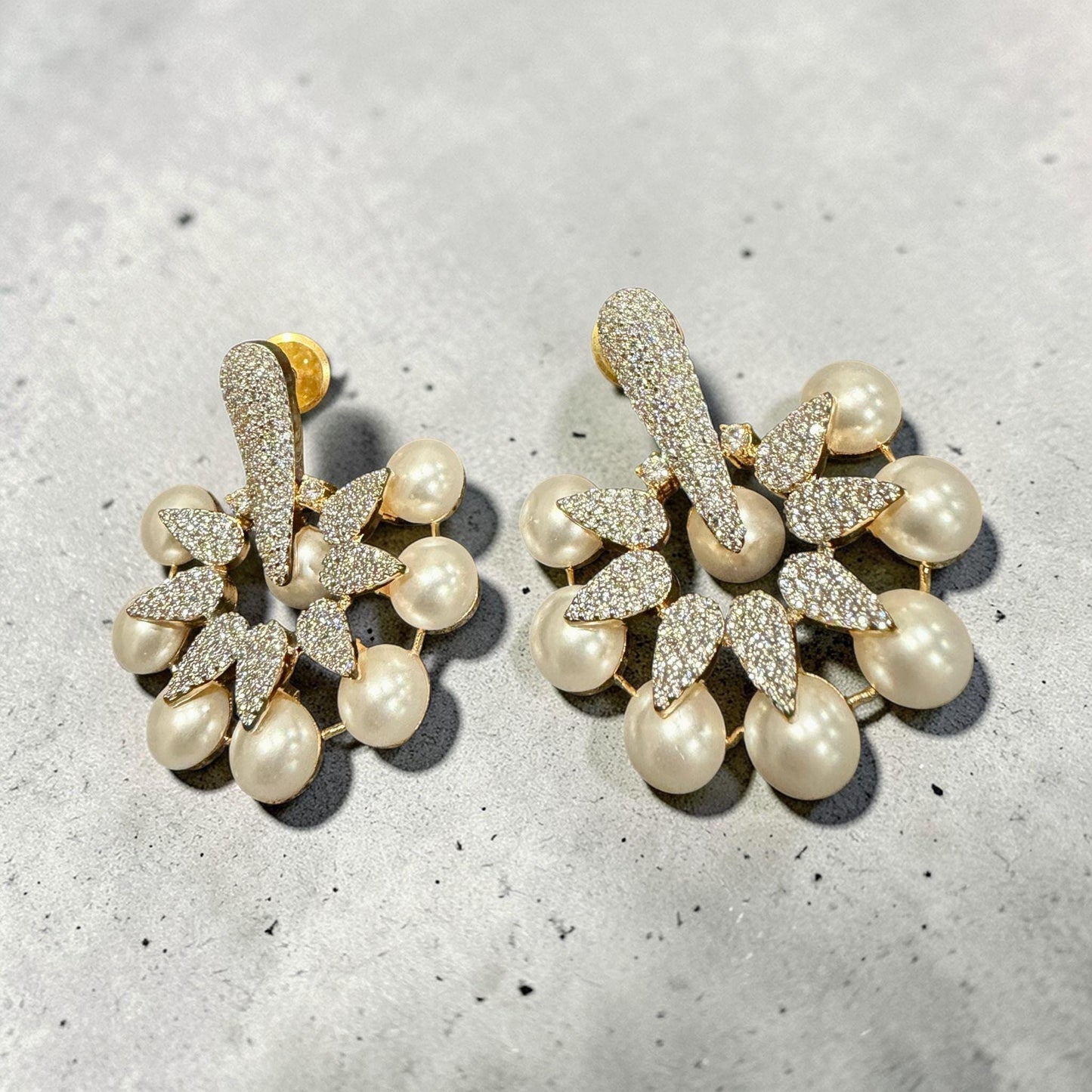 Gold Tone Floral Pearl Statement Earrings, Bridal Stud Dangle Jewelry