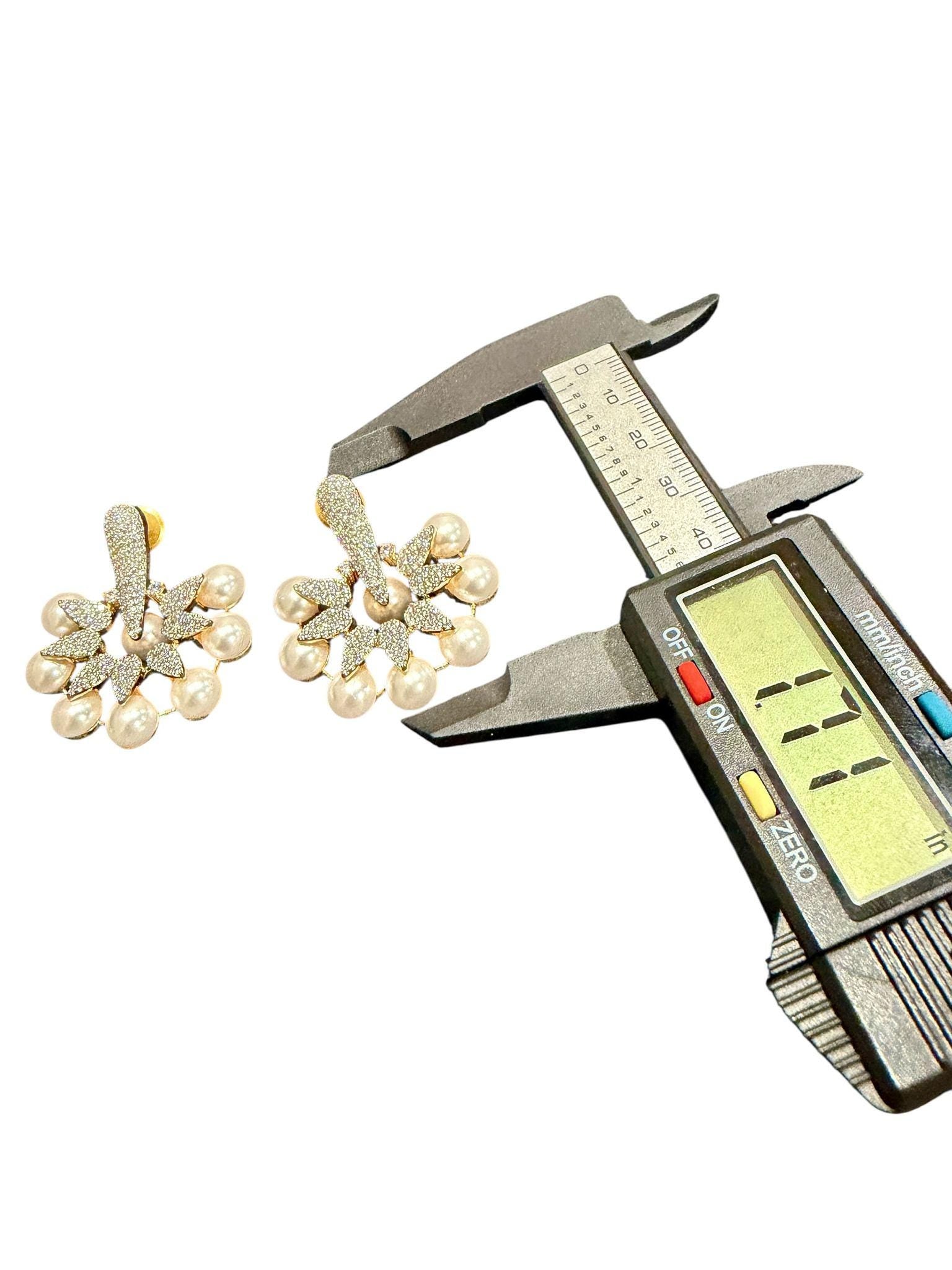 Gold Tone Floral Pearl Statement Earrings, Bridal Stud Dangle Jewelry
