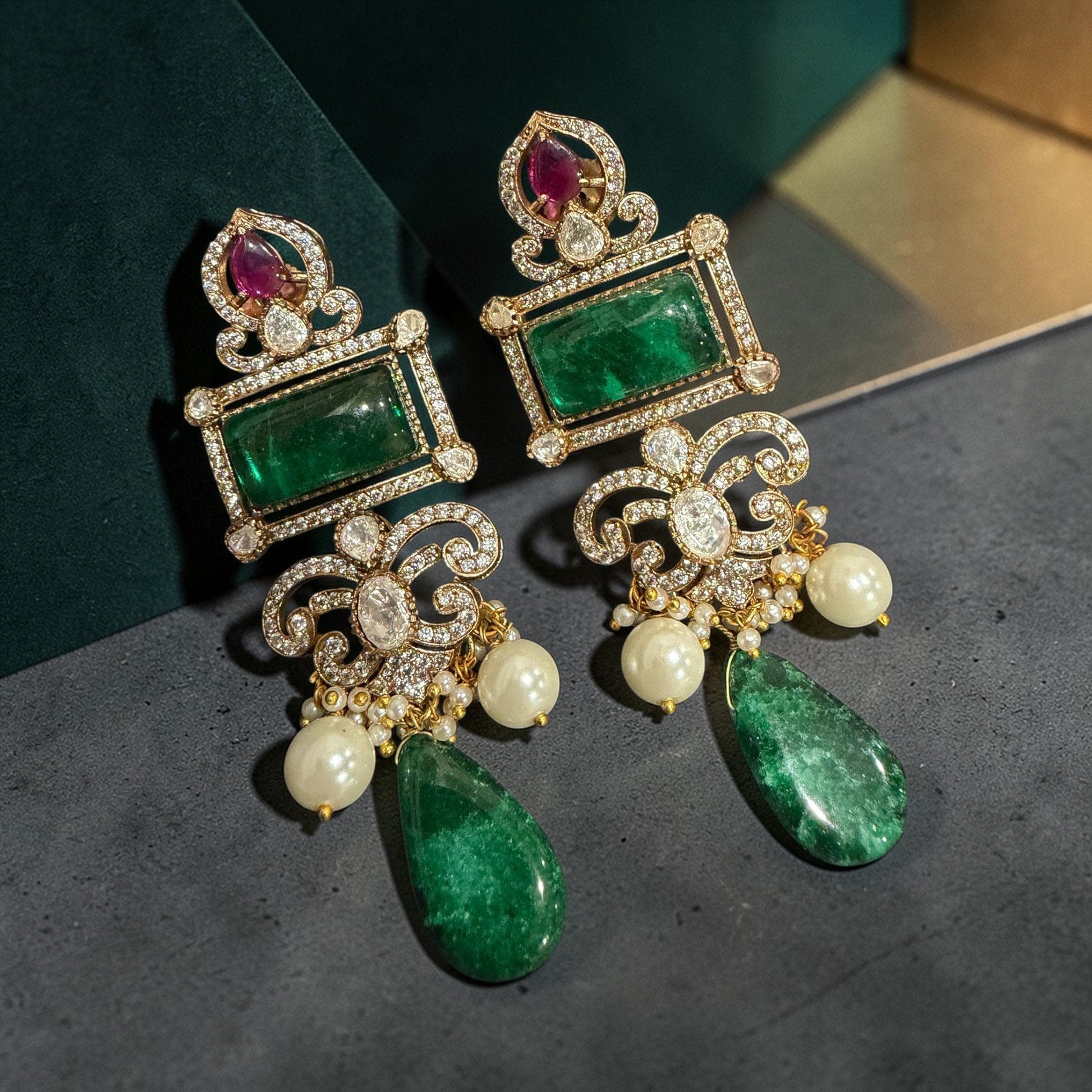 Green Gold Pearl Statement Dangle Earrings – Elegant Layered Drop Design