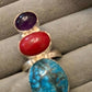 Silver plated natural Multi Stone Statement Ring Adjustable Gemstone Ring Turquoise Coral