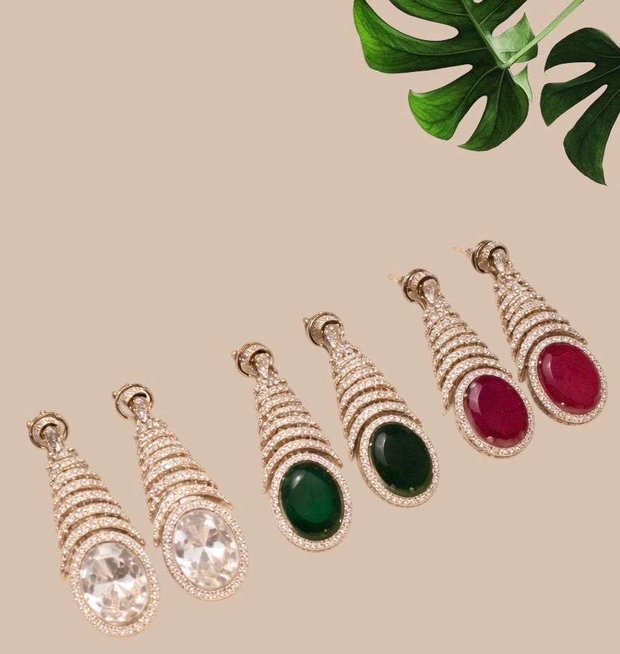 Gold Tone Teardrop Statement Earrings: Crystal Bridal Drop (3 Colors)