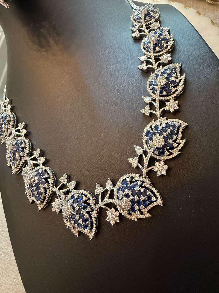 Midnight Sapphire Leaf Necklace Set Silver Tone Crystal Jewelry Blue Stone Bridal Set