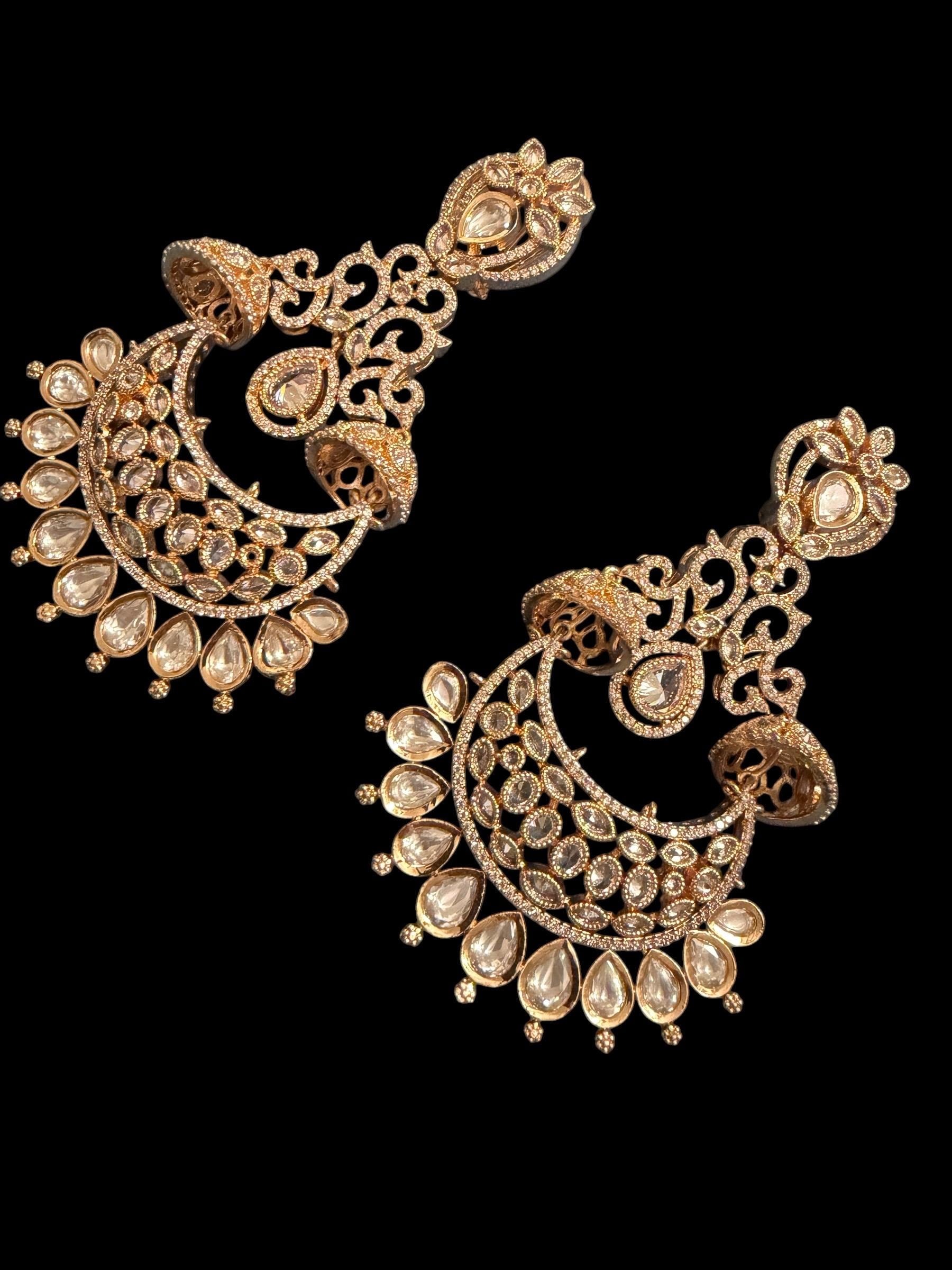 Bollywood Indian Designer monzonite medium length statement earrings gold plated ,Victorian,Ad stones