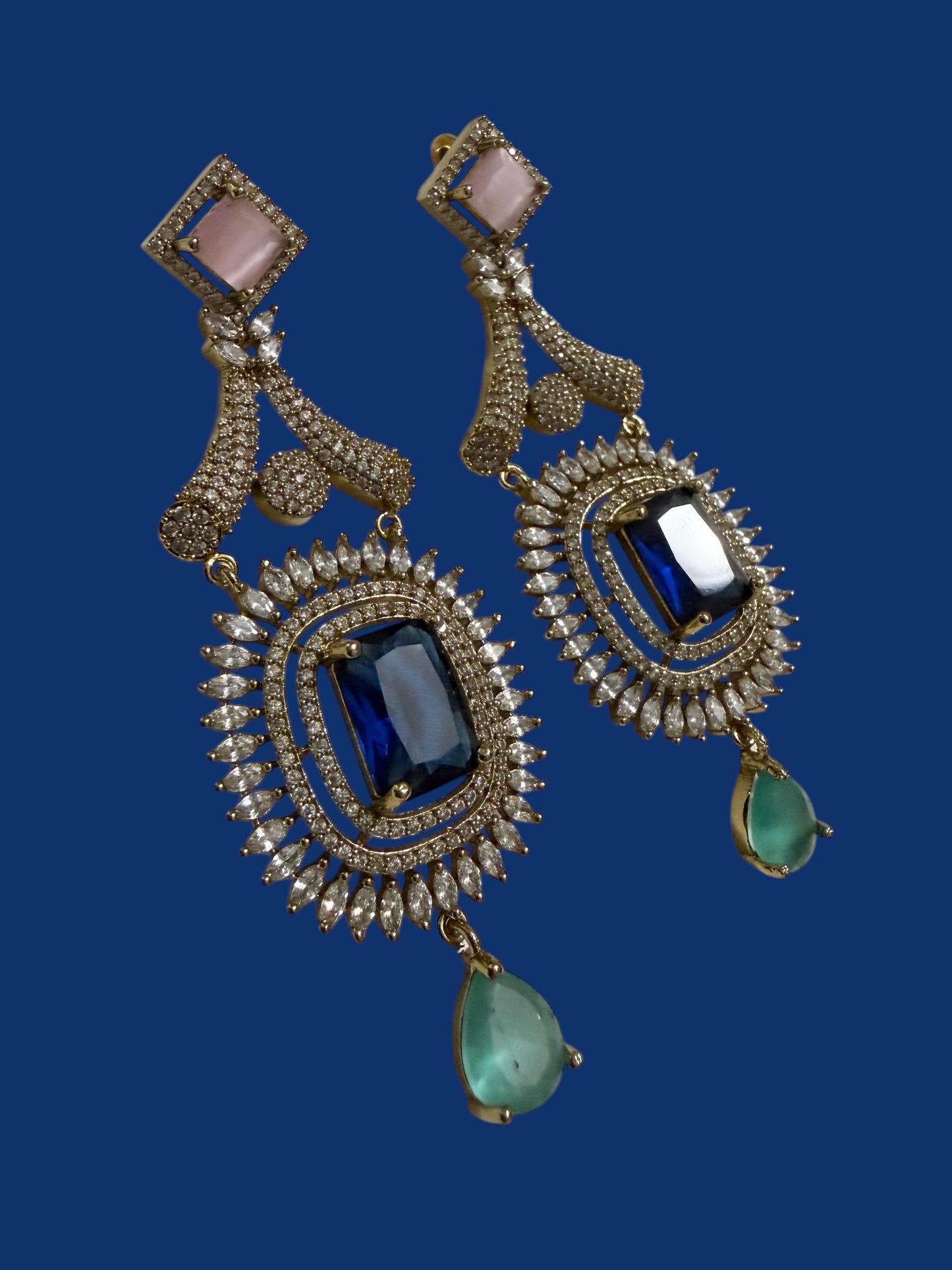 Bollywood Indian Designer Earrings, Antique Gold Multi Finish, Victorian Style, Semi-Precious Stones