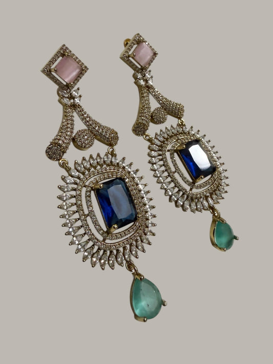 Bollywood Indian Designer Earrings, Antique Gold Multi Finish, Victorian Style, Semi-Precious Stones