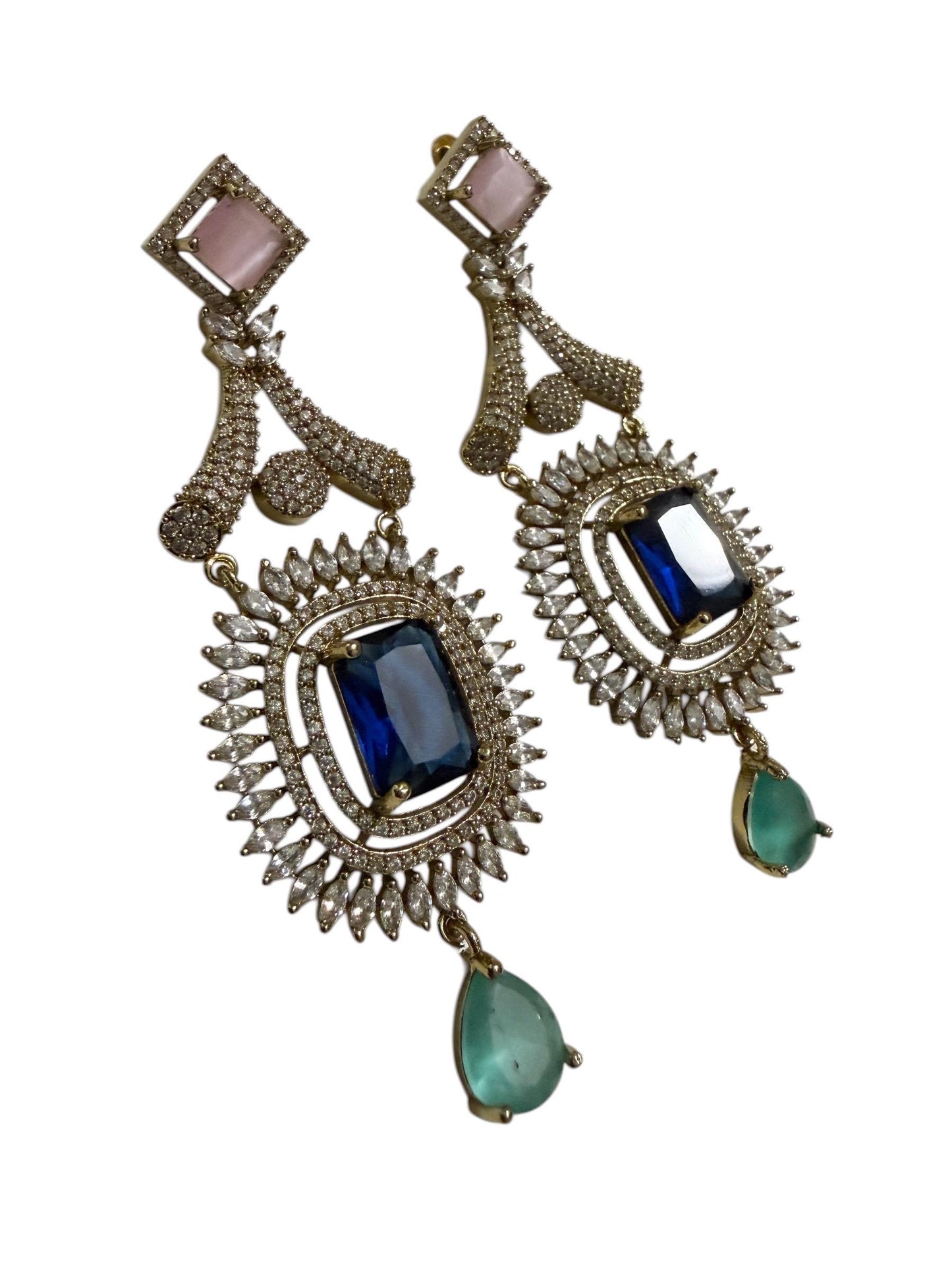 Bollywood Indian Designer Earrings, Antique Gold Multi Finish, Victorian Style, Semi-Precious Stones
