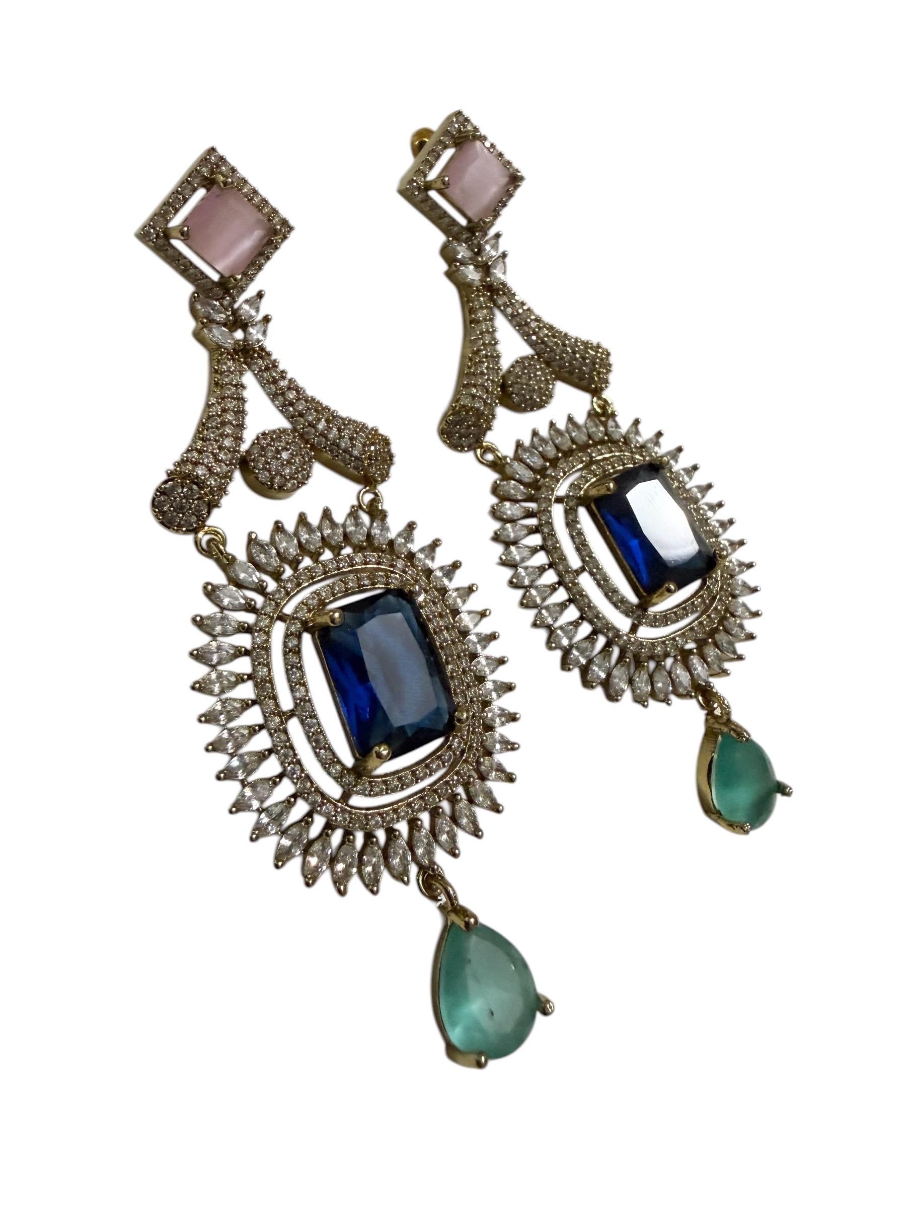 Bollywood Indian Designer Earrings, Antique Gold Multi Finish, Victorian Style, Semi-Precious Stones