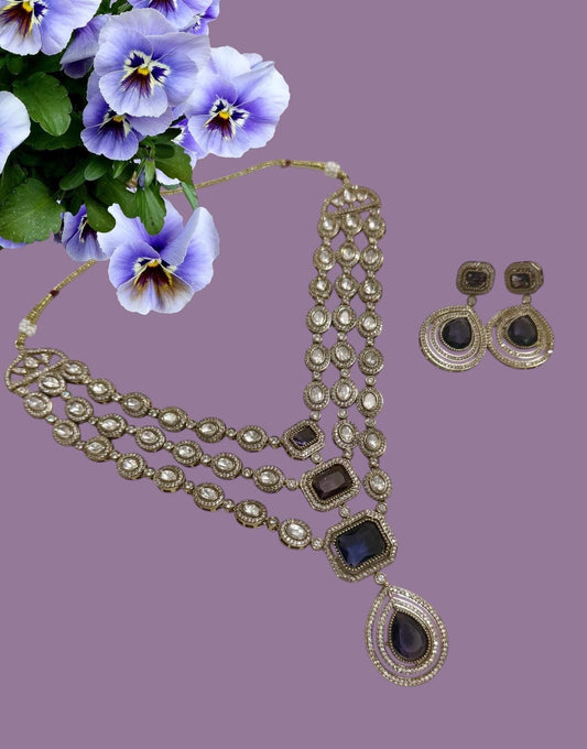 Bollywood Triple Layer Necklace Set, Kundan Stone, Amethyst, Antique Gold Finish