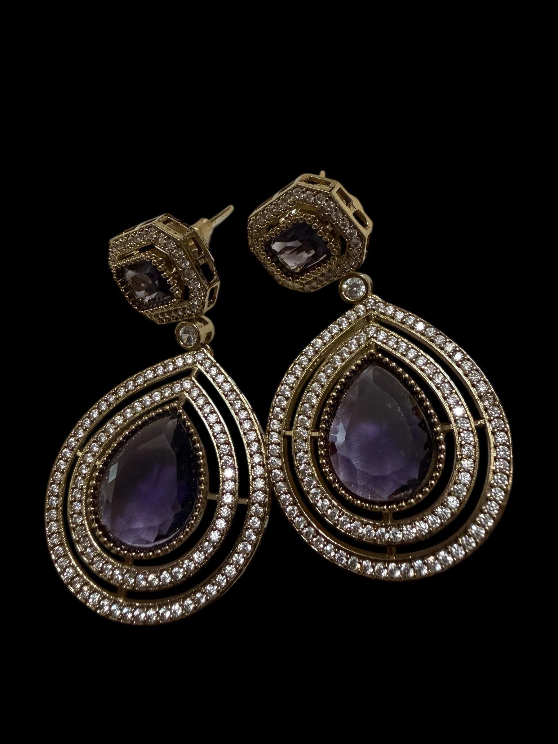 Bollywood Triple Layer Necklace Set, Kundan Stone, Amethyst, Antique Gold Finish