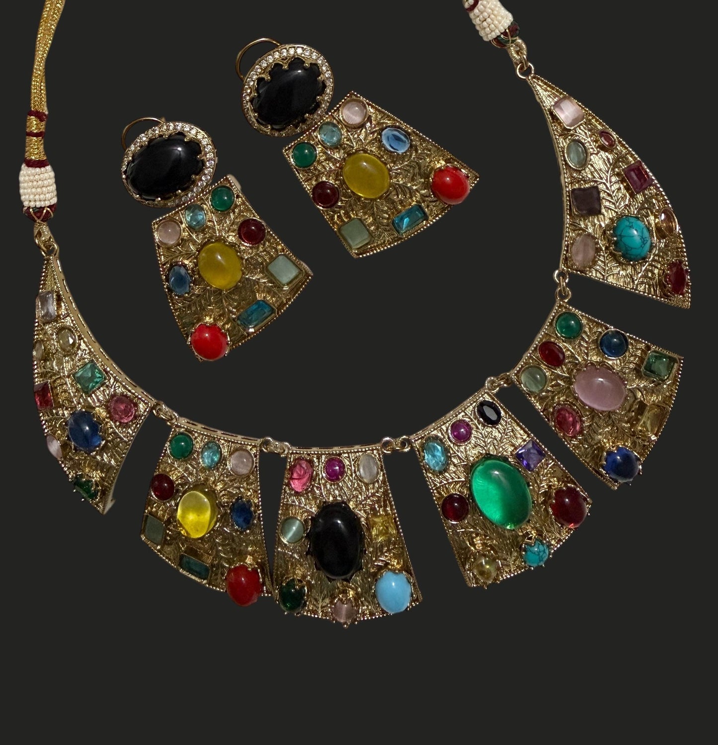 Bollywood statement Bold Indian Jewelry Set, Multi Stone Gold Plated.