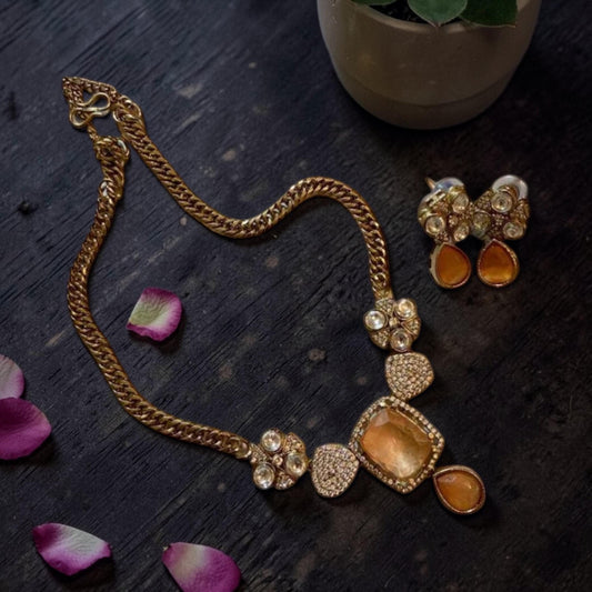 Champagne Crystal Pendant Necklace Set Gold Chain Statement Jewelry Peach Stone