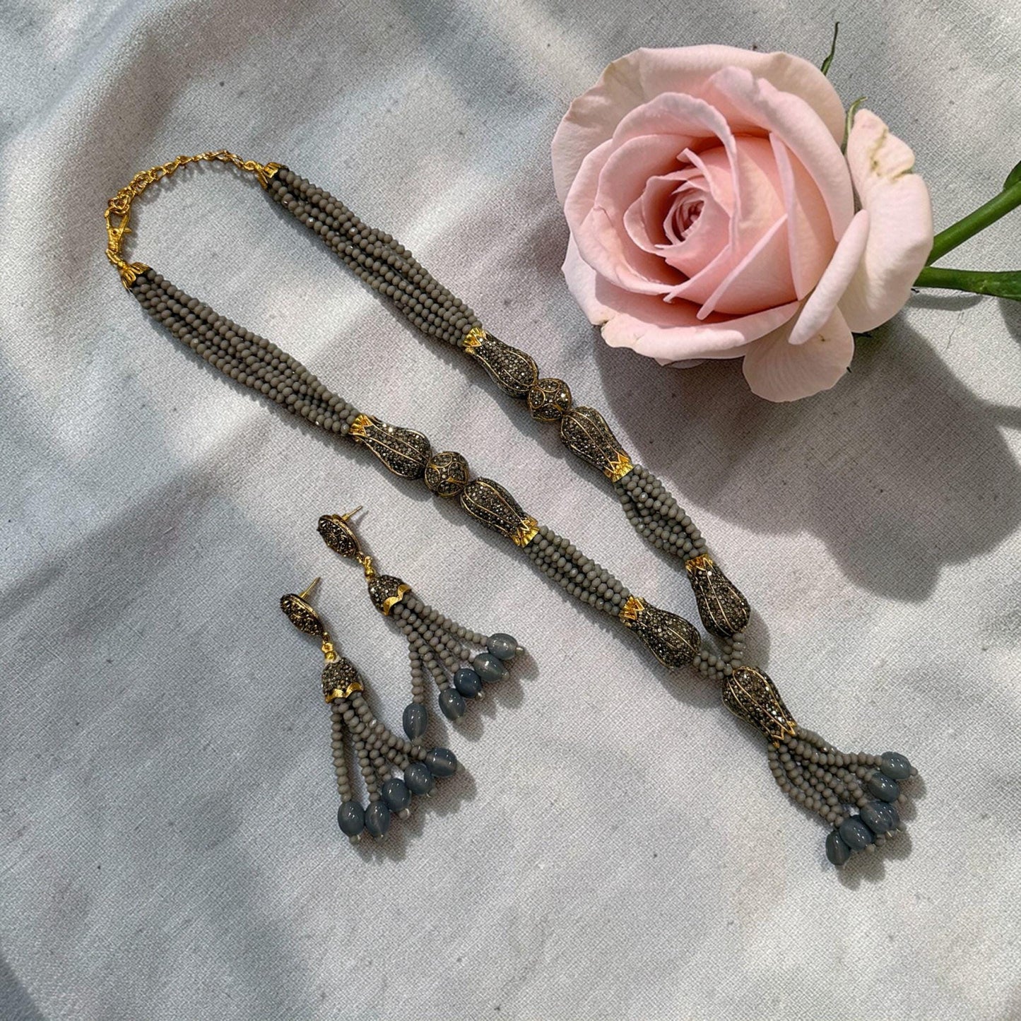 Black Beaded Tassel Necklace Set with Earrings – Antique Gold Boho Ethnic Jewelry