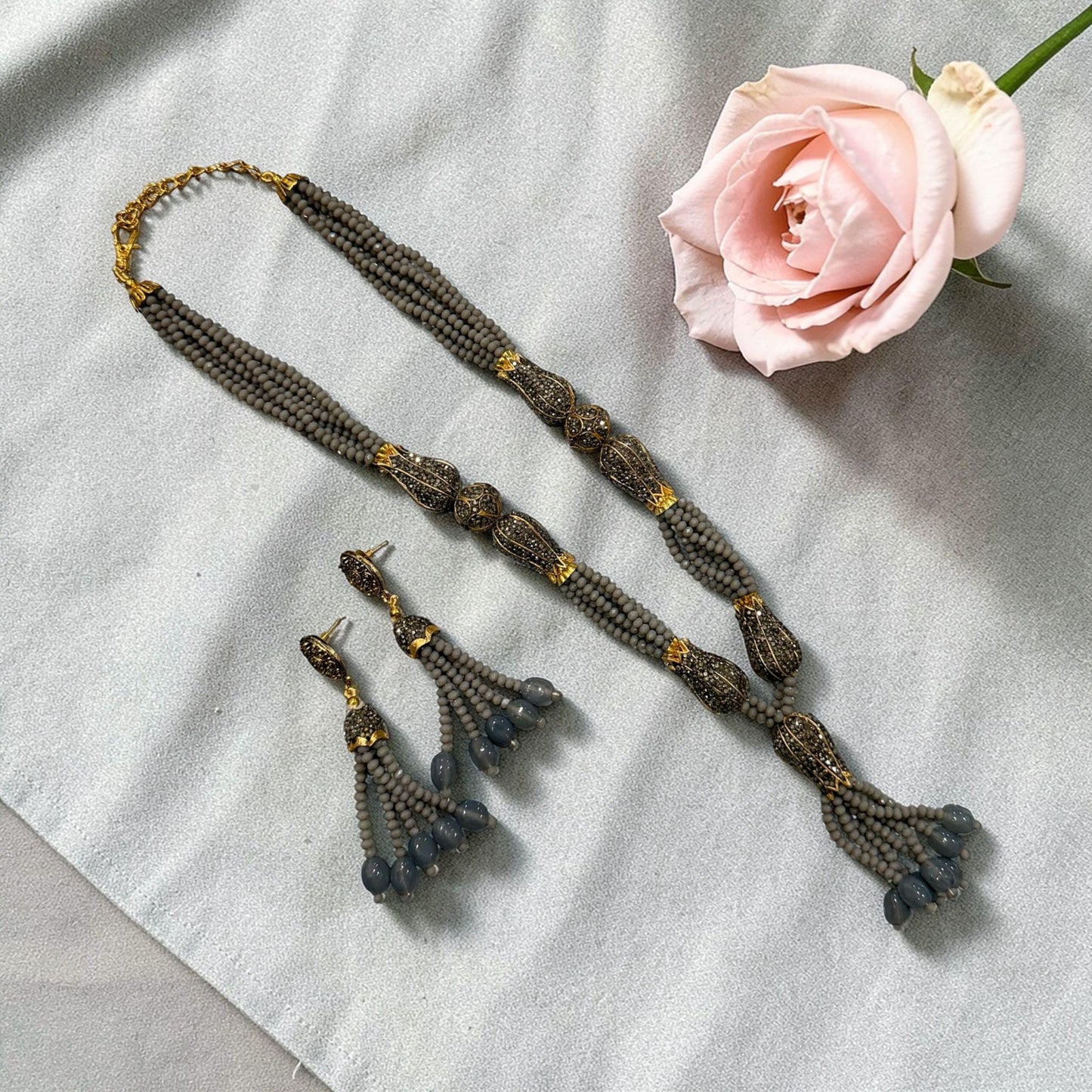 Black Beaded Tassel Necklace Set with Earrings – Antique Gold Boho Ethnic Jewelry