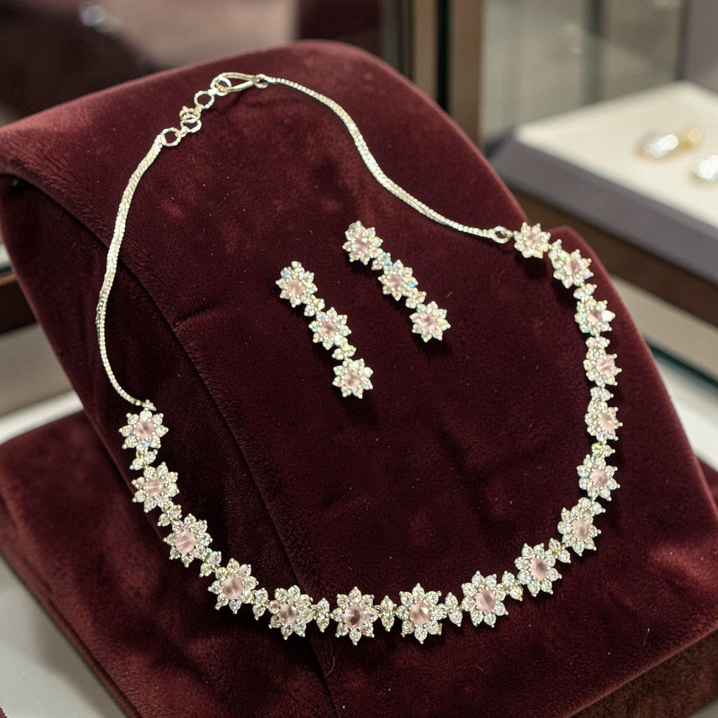 Floral Pink Stone Bridal Jewelry Set, Dainty Flower Necklace and Earrings