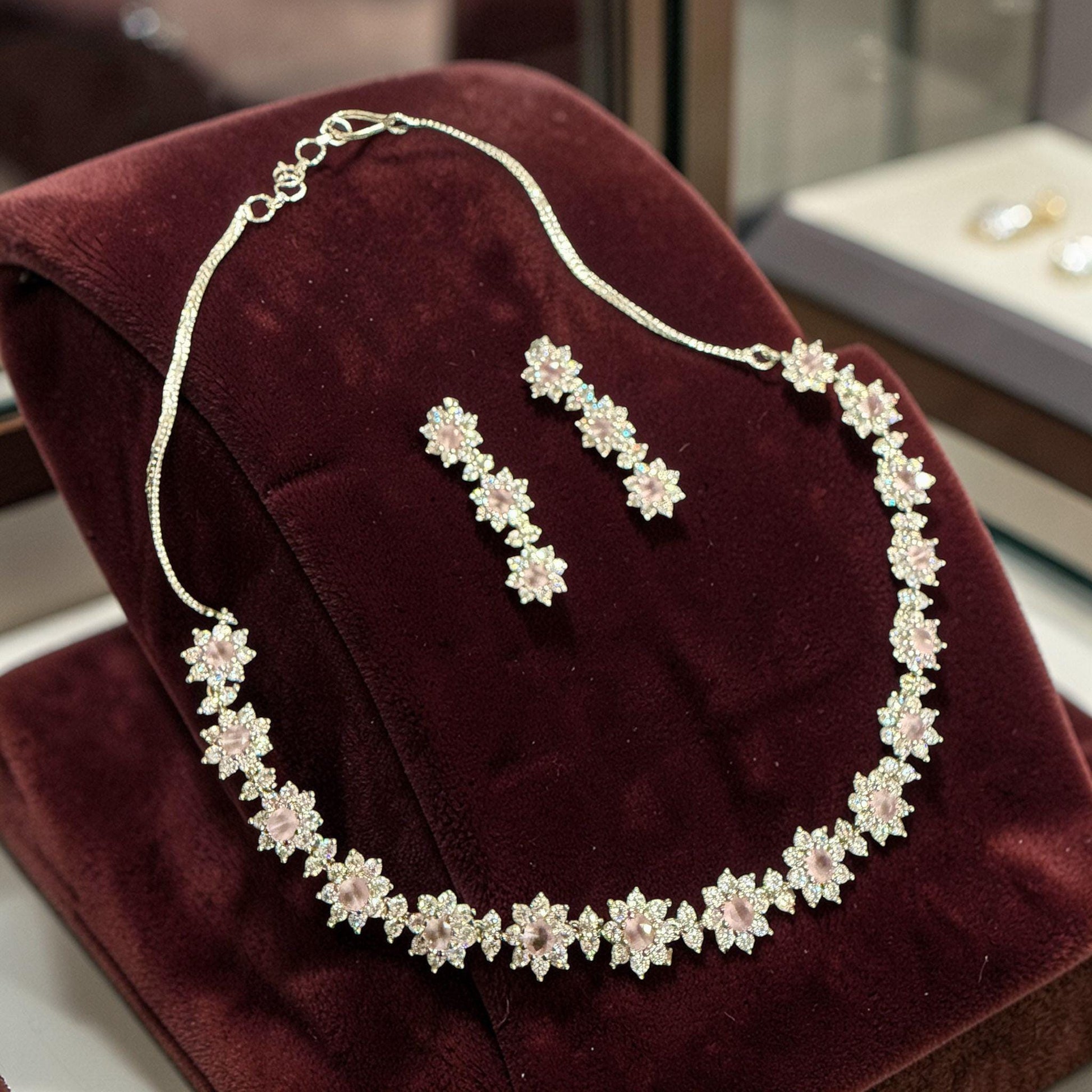 Floral Pink Stone Bridal Jewelry Set, Dainty Flower Necklace and Earrings
