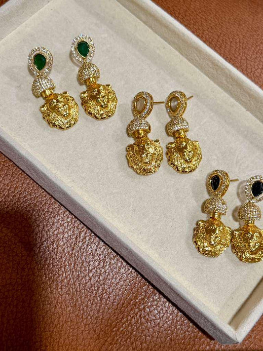 Gold Lion Motif Drop Earrings: Indian Bridal Statement Jewelry