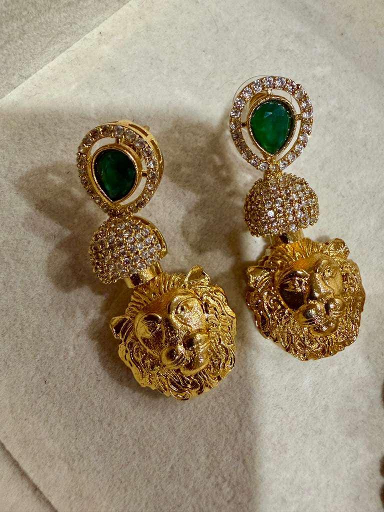 Gold Lion Motif Drop Earrings: Indian Bridal Statement Jewelry