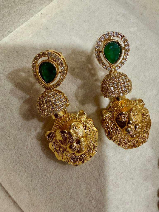 Gold Lion Motif Drop Earrings: Indian Bridal Statement Jewelry