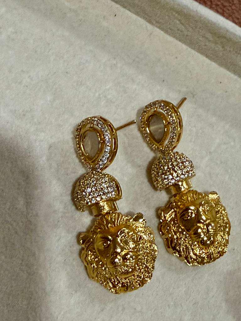 Gold Lion Motif Drop Earrings: Indian Bridal Statement Jewelry