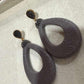 Gray Textured Leather Teardrop Statement Earrings with Crystal Top