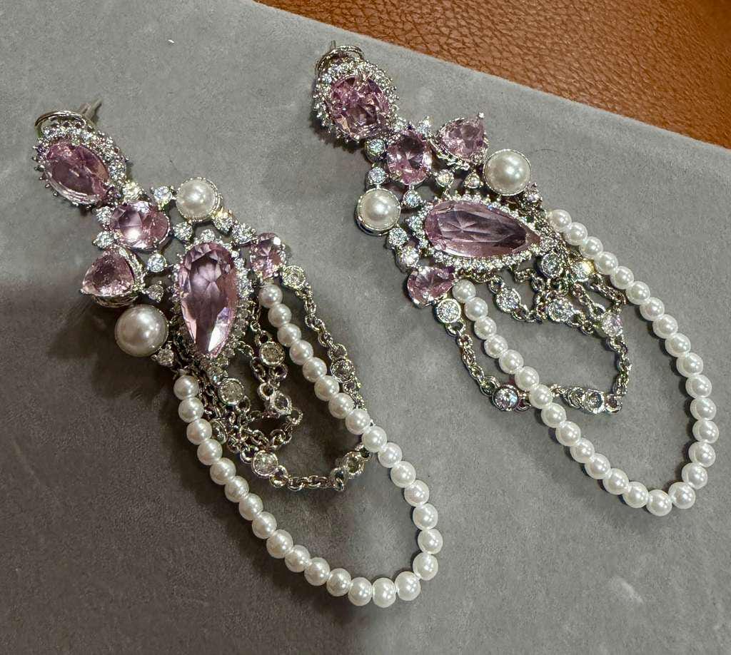 Pink Crystal Pearl Chandelier Earrings – Bridal Statement Drop Jewelry